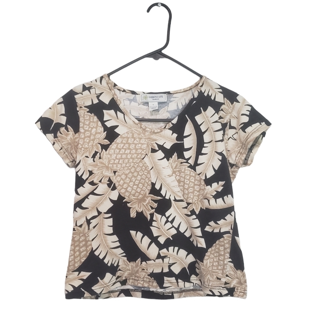 Hibiscus Hawaii Tropical Print Short Sleeves Top Size Small